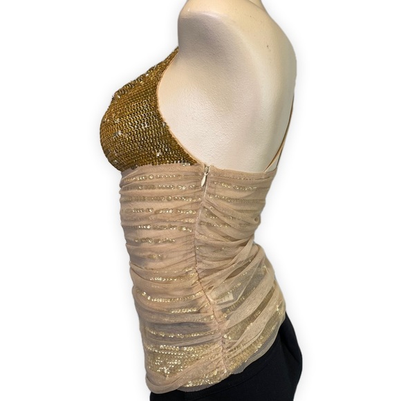 Gold fully Sequined Mesh Tank Top with Spaghetti Straps Drape Neckline • Size XS - Picture 4 of 8